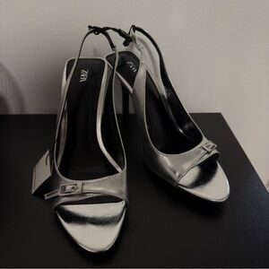 Zara Metallic Silver Slingback Heels
